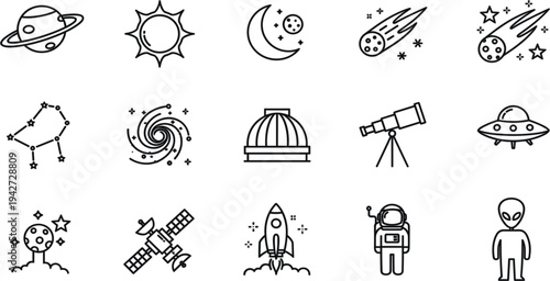 Space and Astronomy Icon Set with Planets, Rocket, Astronaut, Telescope, Galaxy, and UFO Symbols in Modern Line Art Style for Science and Universe Designs