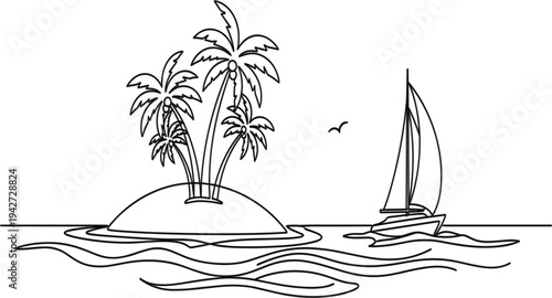 Tropical Island with Palm Trees and Sailing Boat Continuous Line Drawing Illustration for Summer Vacation, Travel, Ocean, and Beach Holiday Design