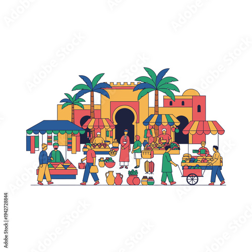 Vibrant Moroccan Marketplace Scene with Diverse People and Stalls.