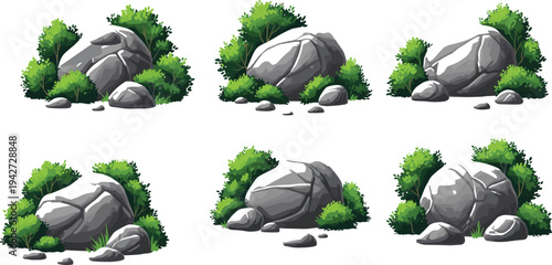 Set of rocks with green bushes natural stone elements landscape decoration forest environment isolated vector illustration collection for game design