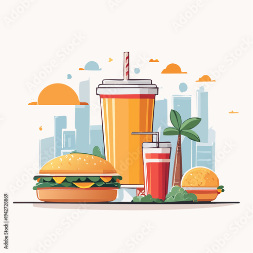 Stylized depiction of classic fast food burgers and refreshing drinks set against a vibrant urban skyline