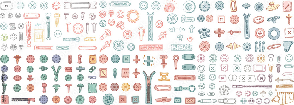 Obraz premium An array of colorful hand-drawn tools and fasteners in various shapes, showcasing creativity and craftsmanship.