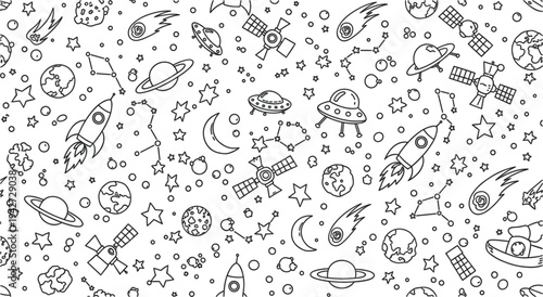 Space Doodle Seamless Pattern with Rockets, Planets, UFO, Stars, Satellites, and Constellations in Cute Line Art Style for Kids and Science Designs