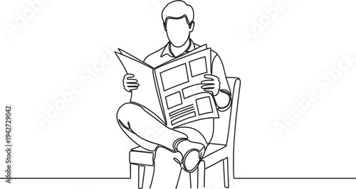 Continuous Line Drawing of Man Reading Newspaper While Sitting on Chair Illustration for Daily News, Journalism, Information, and Media Concept Design