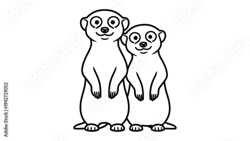 Meerkat Vector Illustration: Two endearing meerkat figures, outlined in crisp black lines, stand side-by-side with beaming smiles, conveying a sense of togetherness and whimsy.