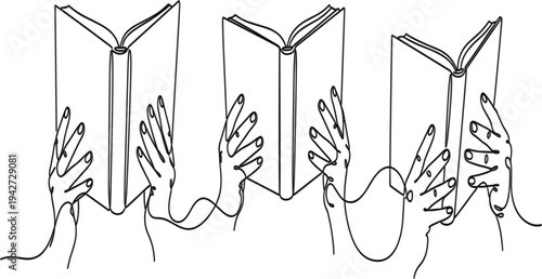 Continuous Line Drawing of Hands Holding Open Books Illustration for Reading, Education, Literature, Learning Concept in Minimalist Outline Style Design