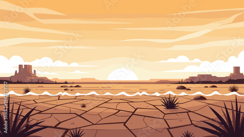 Desert landscape at sunset with cracked earth and mountains in the background