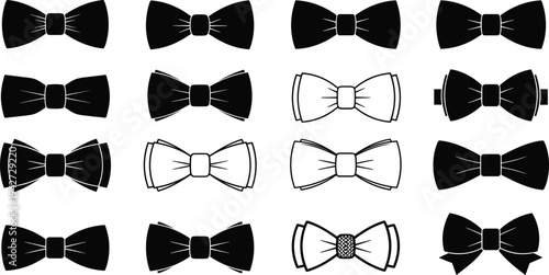 Vector collection of sixteen elegant bow tie silhouettes and outlines in various styles for formal wear wedding invitations and tuxedo fashion design