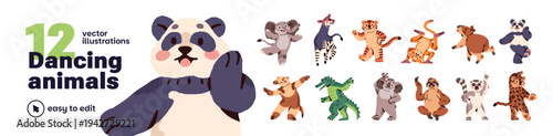 Cute animals are dancing for joy set. Happy anthropomorphic panda, elephant, crocodile, sloth have fun with music. Funny characters celebrate success. Flat isolated vector illustrations on white