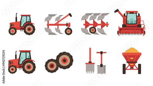 Farming equipment icons: modern flat design of tractors and tools