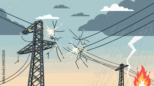 Damaged power lines in stormy weather with lightning and fire