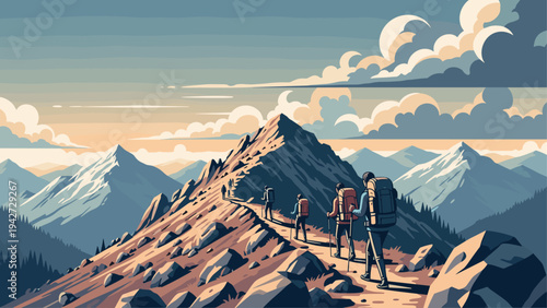 Adventure seekers trekking through majestic mountain landscape at sunrise