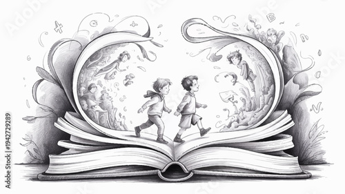 Children running out of an open book into a fantasy world with illustrations of plants and animals