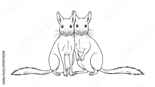 Twin Squirrels, a charming illustration featuring two squirrels sitting side-by-side, their fluffy tails extending outwards. The simple line art style highlights their cute features and bushy tails.