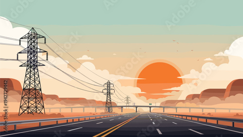 Sunset on desert highway: scenic journey with power lines and distant mountains