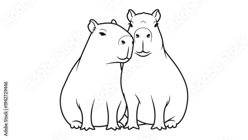 Capybaras' Companionship: Illustrative depiction of a capybara couple, showing closeness. A line drawing embodies unity. 
