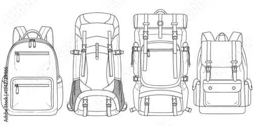 Backpack illustration set, black white design, hiking outdoor motif artwork, travel fashion symbol, vintage classic decorative motif, ergonomic support artwork, flat vector drawing