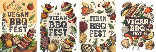 Colorful vegan BBQ festival posters showcasing grilled vegetables and meat alternatives.