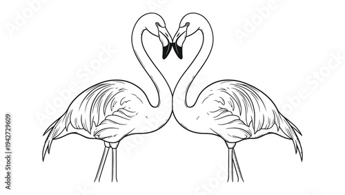 Flamingo Love: A delightful line art illustration captures two elegant flamingos mirroring each other, their necks curved to form a perfect heart shape, symbolizing love and unity.