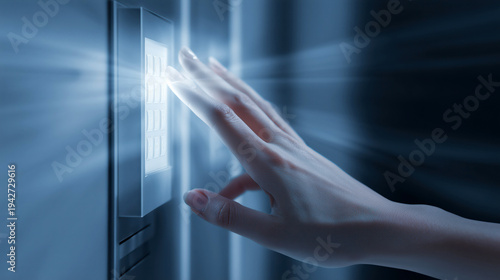 Close-up hands entering passcode on biometric vault panel with retina scanner in high tech security office environment, digital authentication and financial protection concept