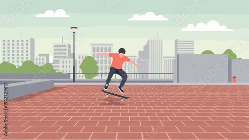 Urban skateboarding scene with skater performing tricks on rooftop