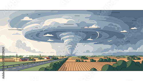 Dramatic landscape with twister in countryside setting