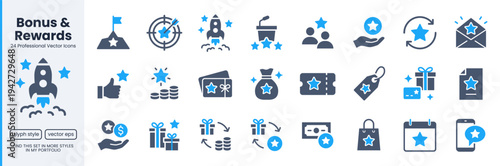 Bonus glyph icon set. Benefit gift, exclusive reward, star VIP award, ticket minimal vector illustrations. Simple doutone signs, loyalty premium membership program. Blue flat pictograms.