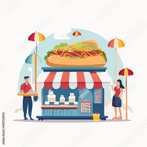 Vibrant hot dog stand illustration showcasing a large frankfurter and people enjoying a lively street food experience