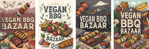 Vibrant vegan BBQ illustrations showcasing grilled vegetables and skewers.