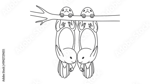 Hanging Creatures on Branch: Curious creatures hang upside down from a branch, creating a playful and whimsical scene. This black and white illustration sparks the imagination with its simple charm.