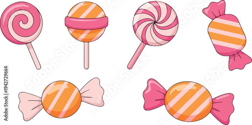 Colorful lollipop and wrapped candy collection sweet sugar confectionery treats vector illustration set isolated on white