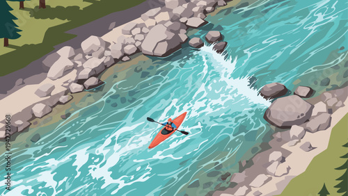 Kayaking adventure on a fast-flowing river in a stunning nature landscape