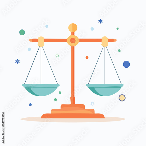 Vibrant illustration of a traditional balance scale symbolizing justice, equality, and impartial decision-making, surrounded by abstract decorative elements