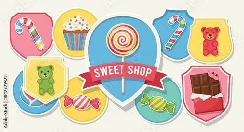 Collection of colorful candy and sweets in badge shapes.