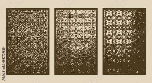 Intricate geometric patterns on textured rectangular surfaces with golden designs