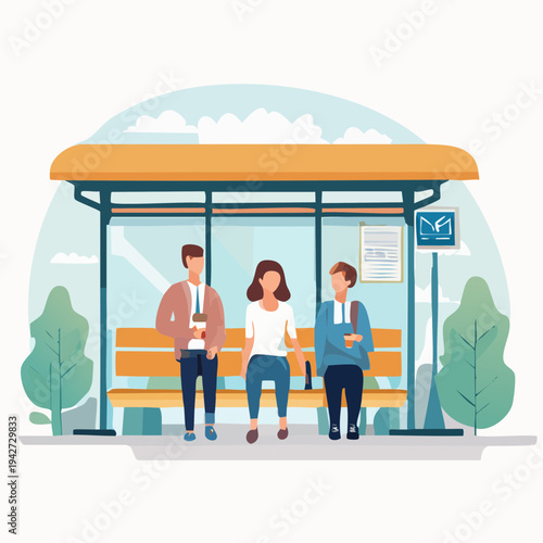 Diverse people patiently waiting for public transport at a modern city bus stop illustration