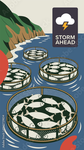 Ocean buoy monitoring system collecting marine climate data. Illustration of floating ocean sensors measuring climate and environmental conditions in coastal waters.