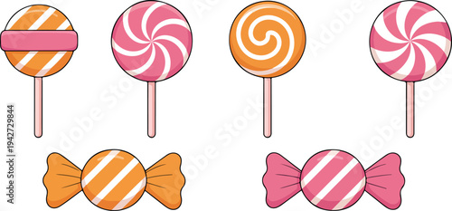 Colorful lollipop and wrapped candy collection sweet sugar confectionery treats vector illustration set isolated on white