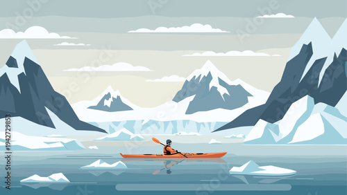 Kayaking adventure in snowy mountain landscape with scenic icebergs and calm waters