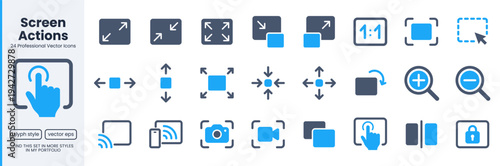 Screen glyph icon set. Resize, zoom, fullscreen, capture, lock, select area, scalable minimal vector illustrations. Simple doutone signs for display interface. Blue flat pictograms