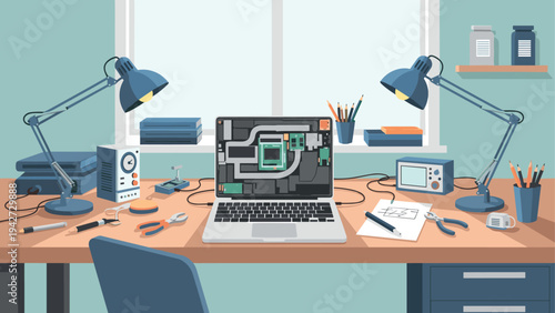 Creative electronics workspace with laptop and circuit components on desk