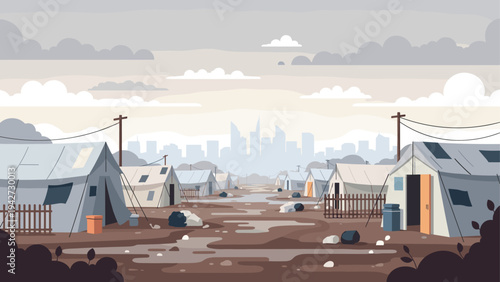 Refugee camp landscape: tents and urban background in flat design