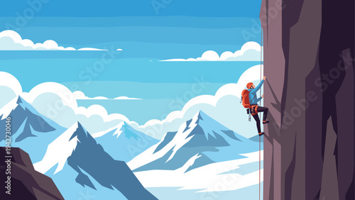Climber scaling rocky cliff with snowy mountains and blue sky in background