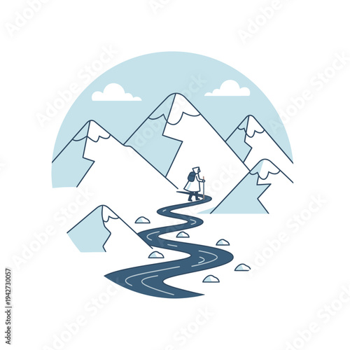Person walking on winding path towards mountains.