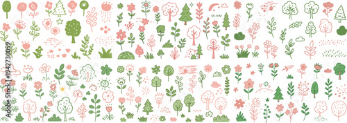 Charming collection of hand-drawn floral and tree illustrations in soft pink and green tones.