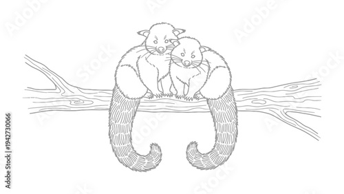 Affectionate Duo: An endearing illustration captures two red pandas nestled together on a sturdy tree branch, embodying warmth and the quiet connection of a serene moment.