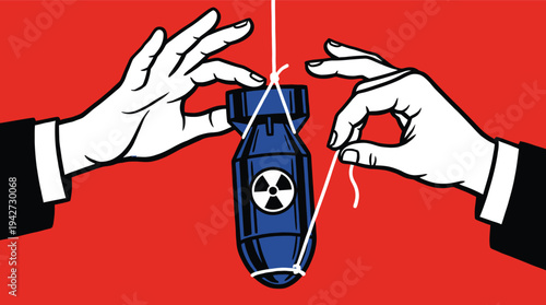 Hands defusing a nuclear bomb vector illustration, flat design style