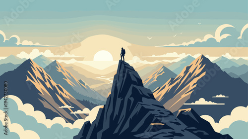 Adventurer at dawn: scenic mountain view with silhouetted hiker