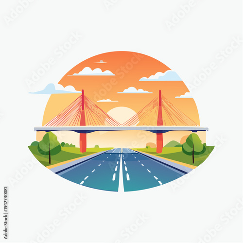 Vibrant Sunset Over a Modern Cable-Stayed Bridge and Open Highway with Lush Greenery