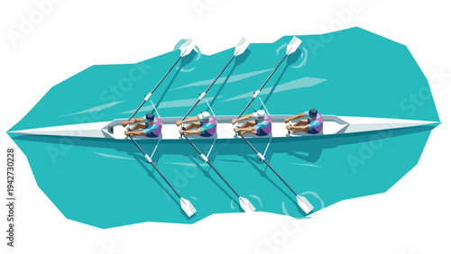 Isometric rowers in a quadruple scull on a turquoise river